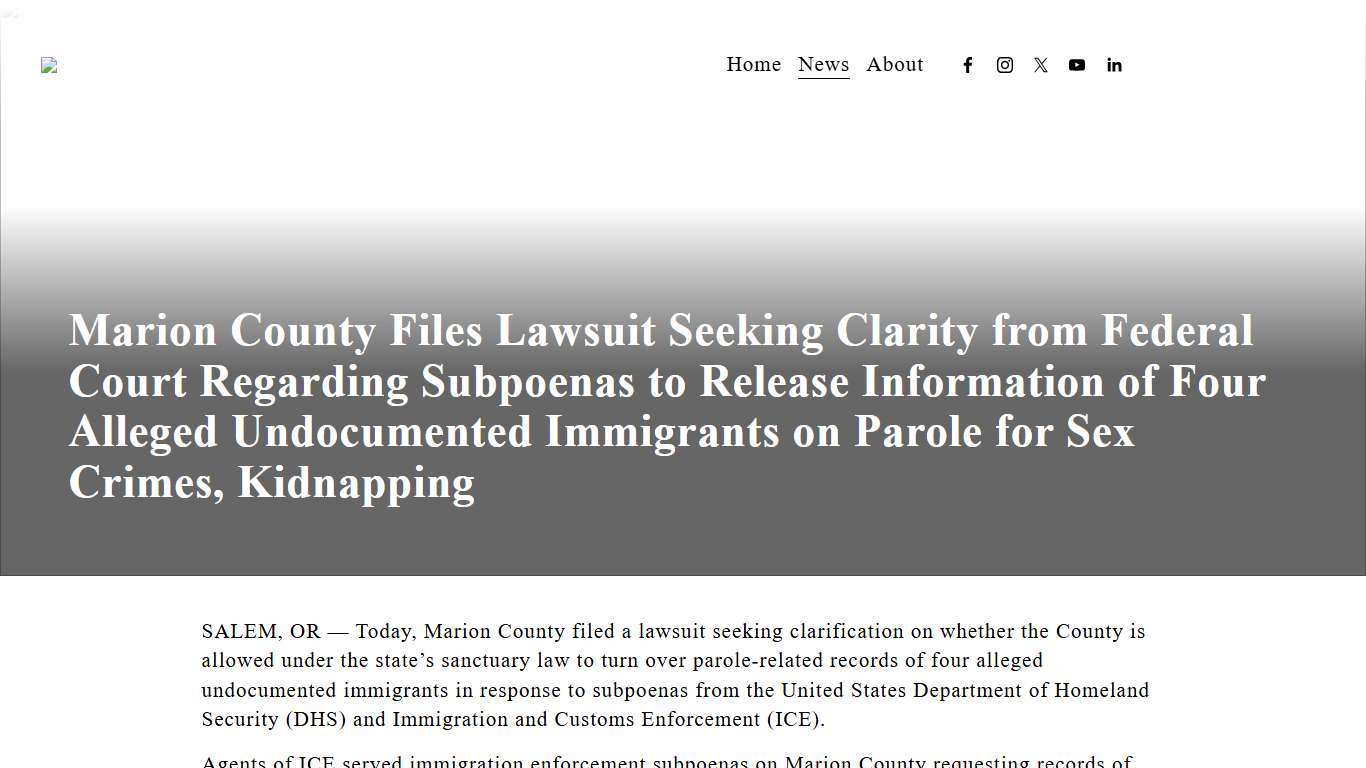 Marion County Files Lawsuit Seeking Clarity from Federal Court Regarding Subpoenas to Release Information of Four Alleged Undocumented Immigrants on Parole for Sex Crimes, Kidnapping — Marion County Board of Commissioners News